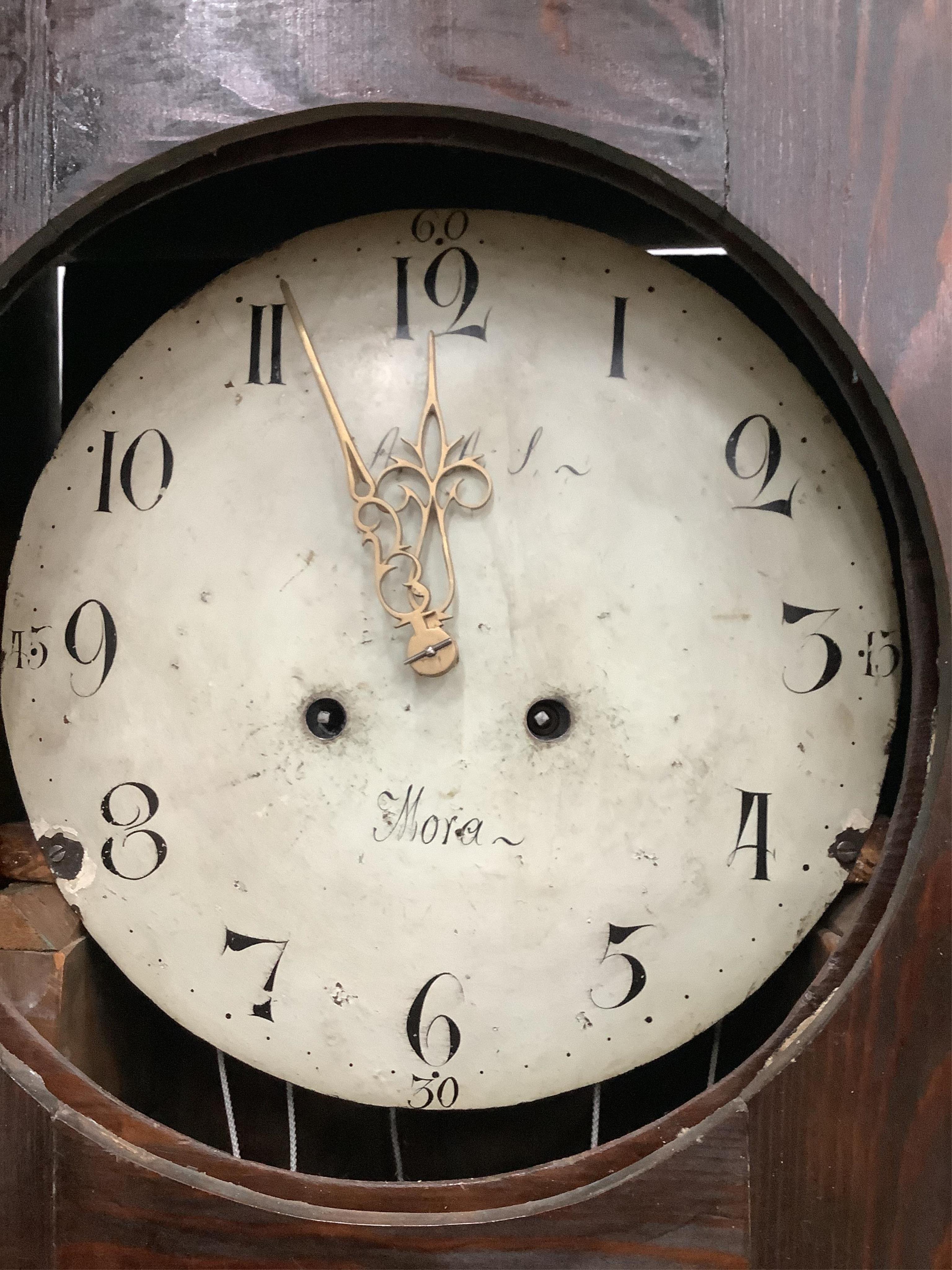 An 19th century Swedish Mora eight day longcase clock, with mechanism and later pine case, height 203cm